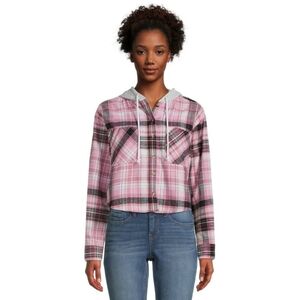No Boundaries Juniors Dusty Rose Hooded Cropped Flannel Shirt Size XS (1) GUC 🐈